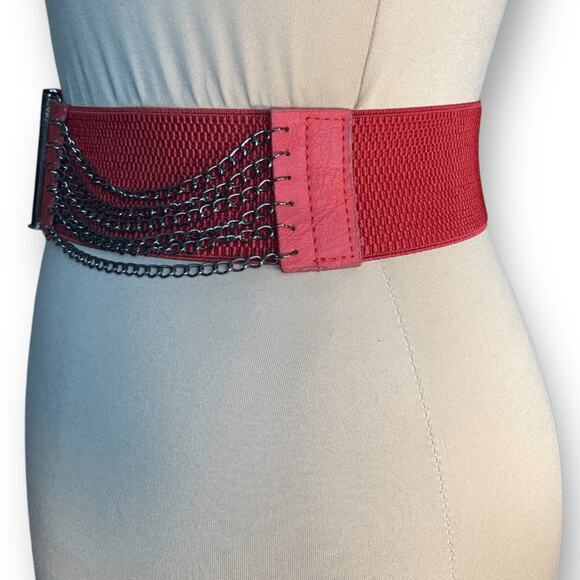 Vintage Y2K Red Leather Layered Chain Belt Festival Statement Edgy Accessory